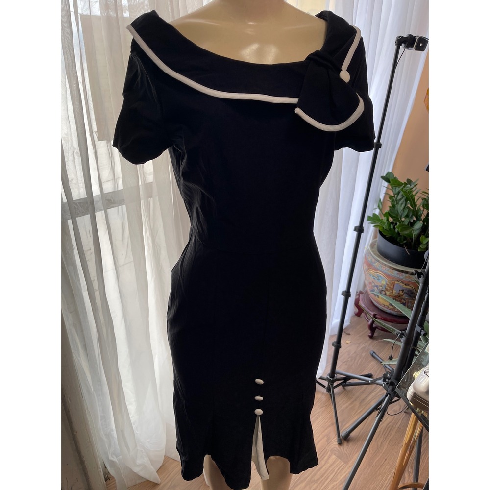 MUXXN Black White Vintage Retro Wiggle Dress Bow Portrait Neck Pencil Skirt L